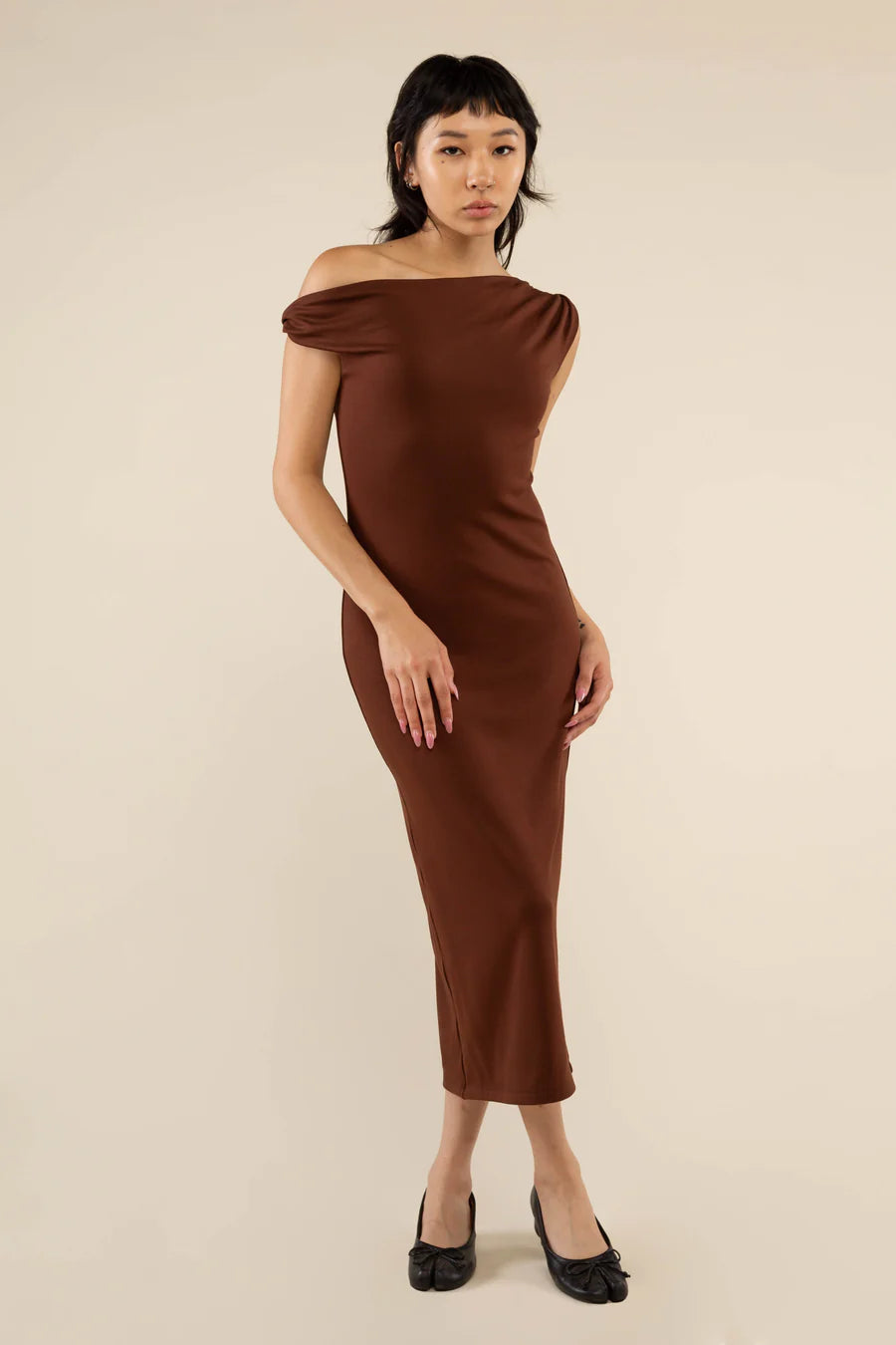 Ira Twist Off Shoulder Midi Dress in Brown dress No Less Than 