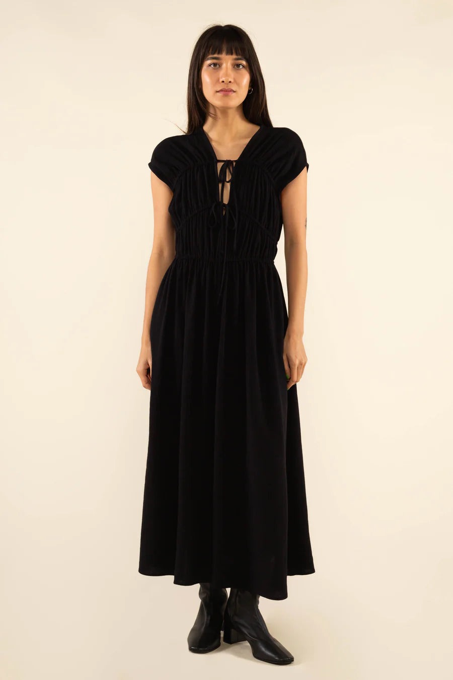 Carmela Ruched Linen Dress dress No Less Than Small Black 