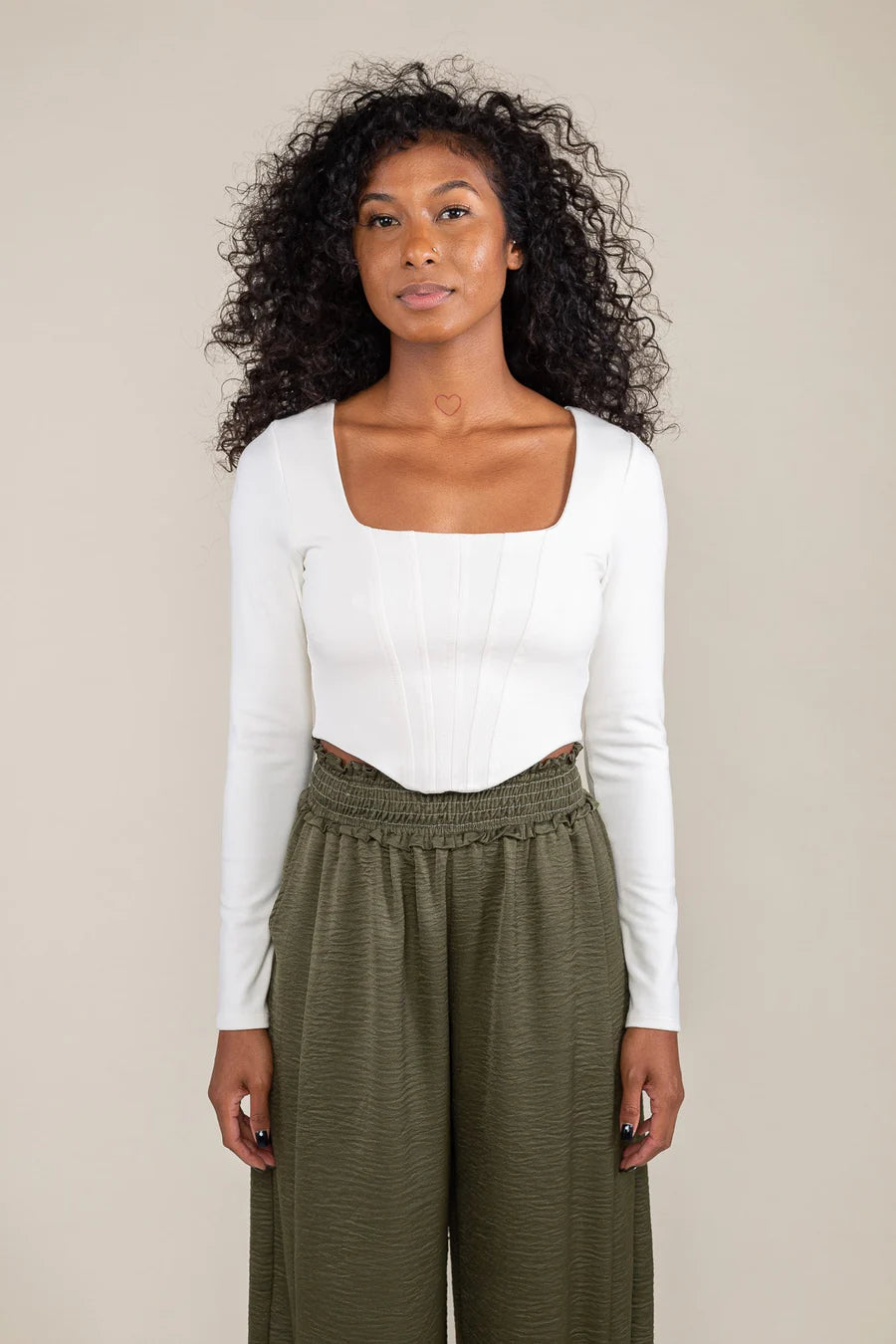 Long Sleeve Corset Crop Top top No Less Than Small Ivory 