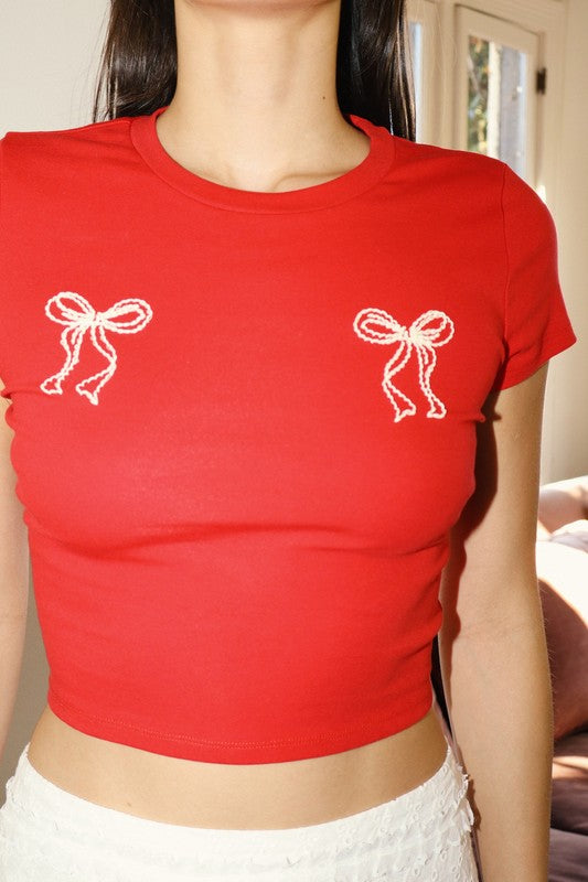Embroidered Bow Crop Top