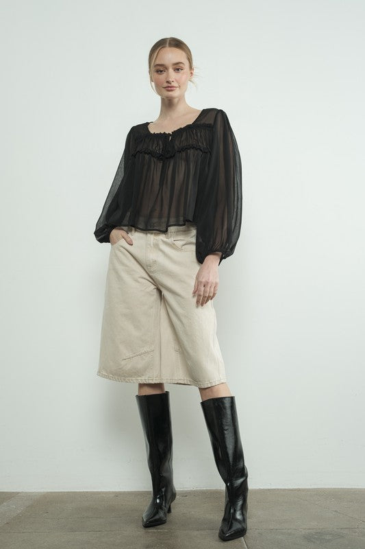 Drawstring Sheer Blouse in Black