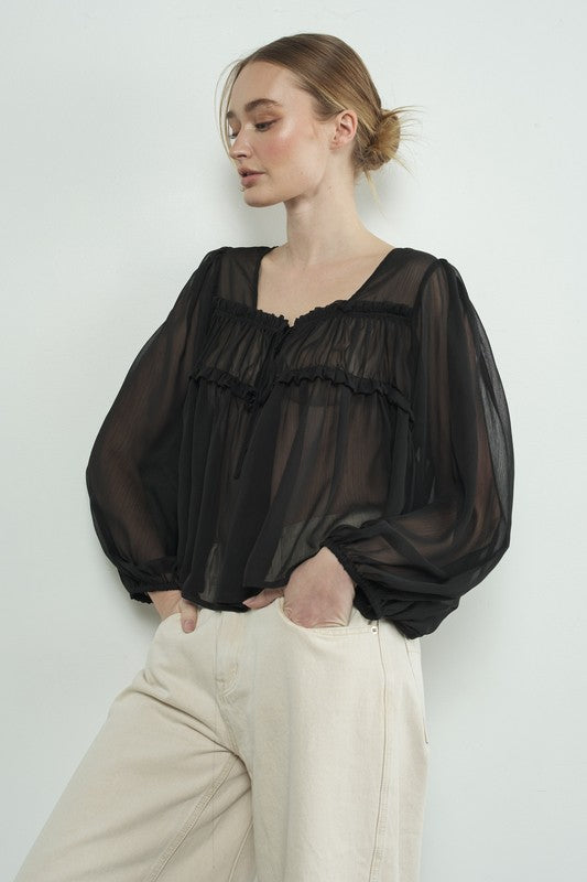 Drawstring Sheer Blouse in Black