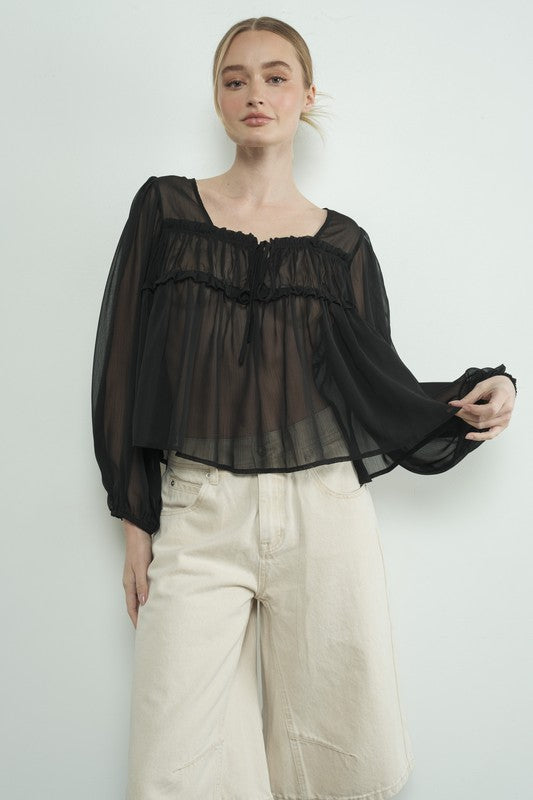 Drawstring Sheer Blouse in Black
