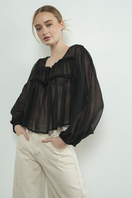 Drawstring Sheer Blouse in Black