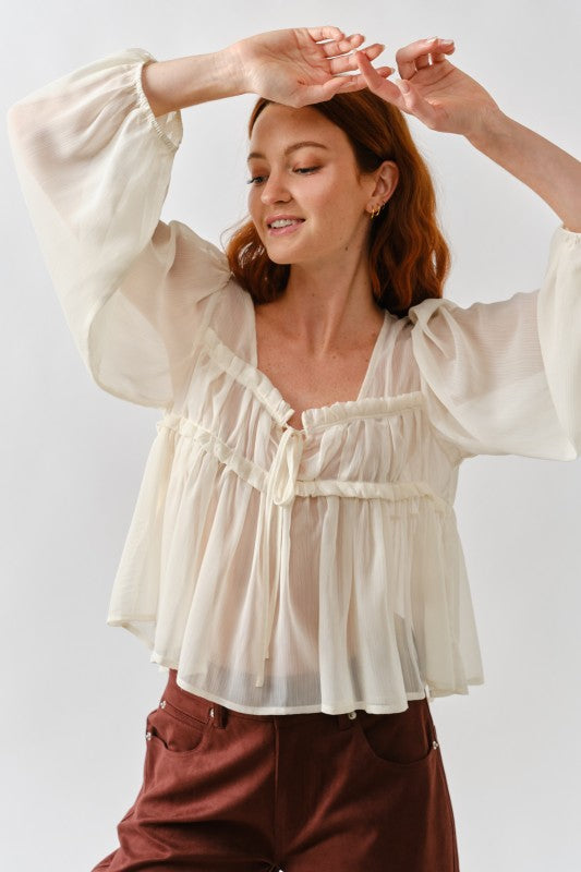 Drawstring Sheer Blouse in Ivory