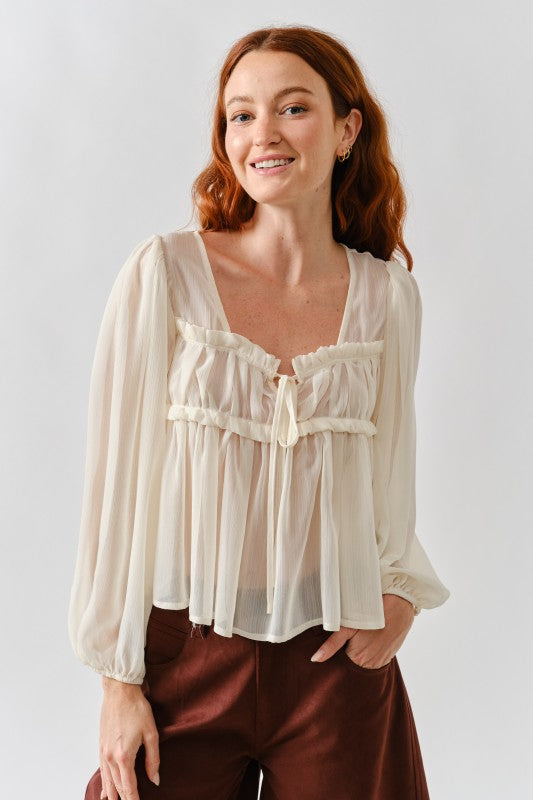 Drawstring Sheer Blouse in Ivory