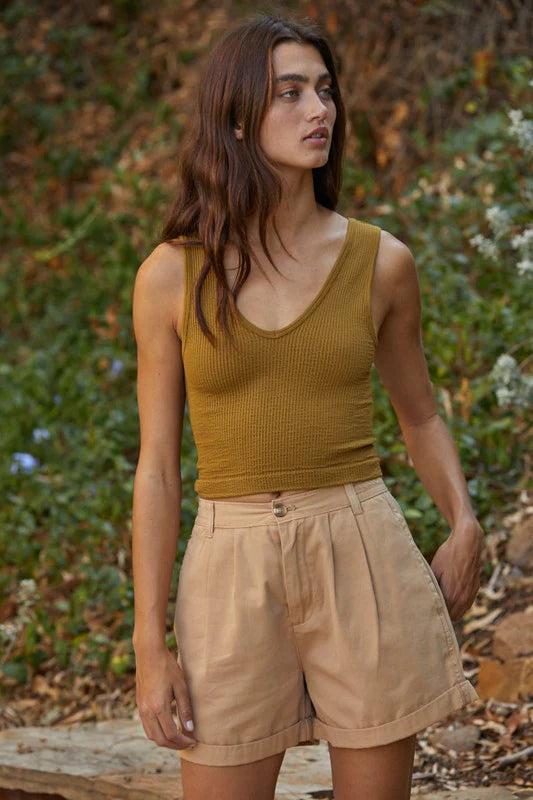 Reversible Fine Line Seamless Crop Top By Together Olive Gold S/M 