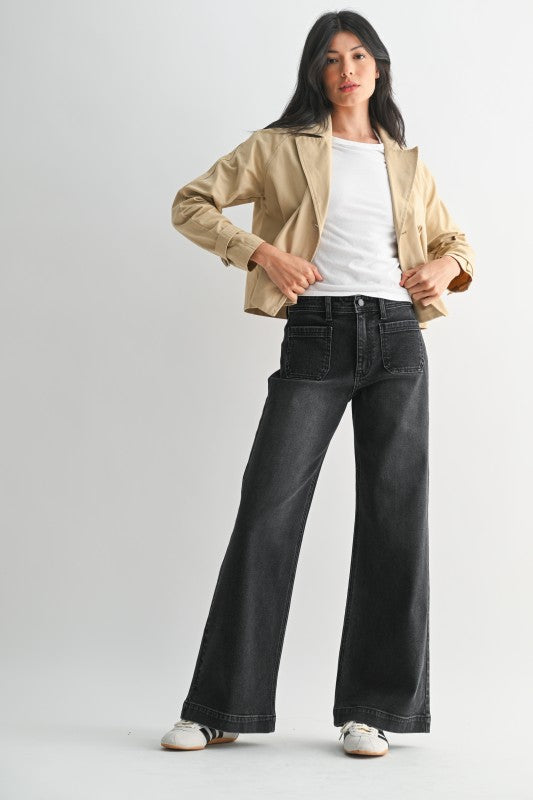 High Waist Patch Pocket Denim in Washed Black