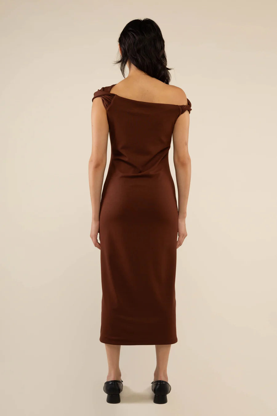 Ira Twist Off Shoulder Midi Dress in Brown dress No Less Than 