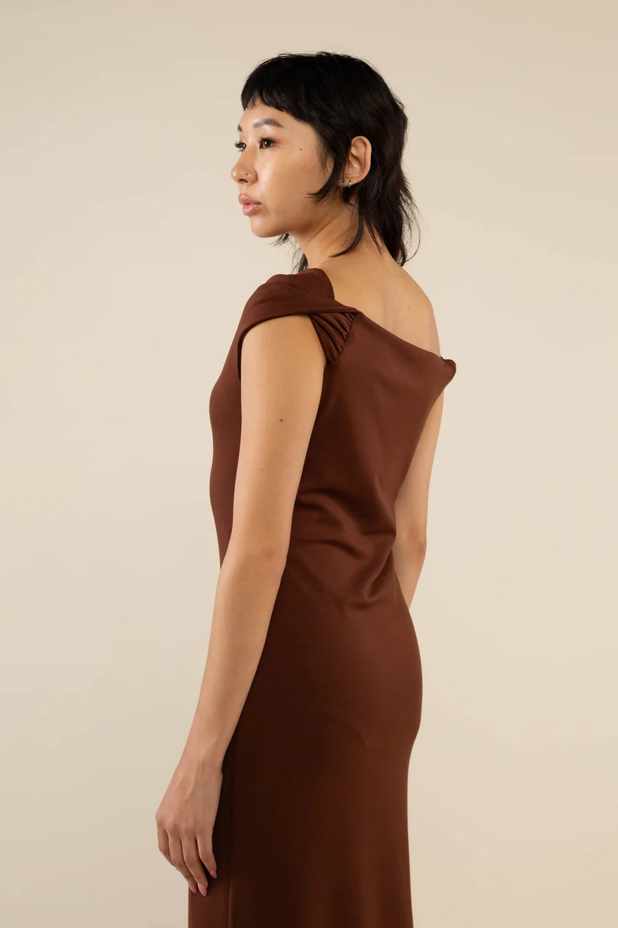 Ira Twist Off Shoulder Midi Dress in Brown dress No Less Than 