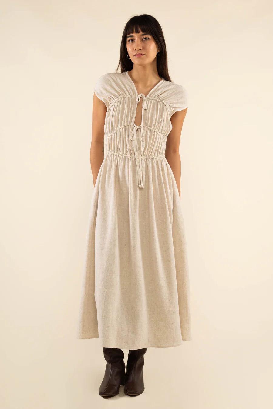 Carmela Ruched Linen Dress dress No Less Than Small Ivory 
