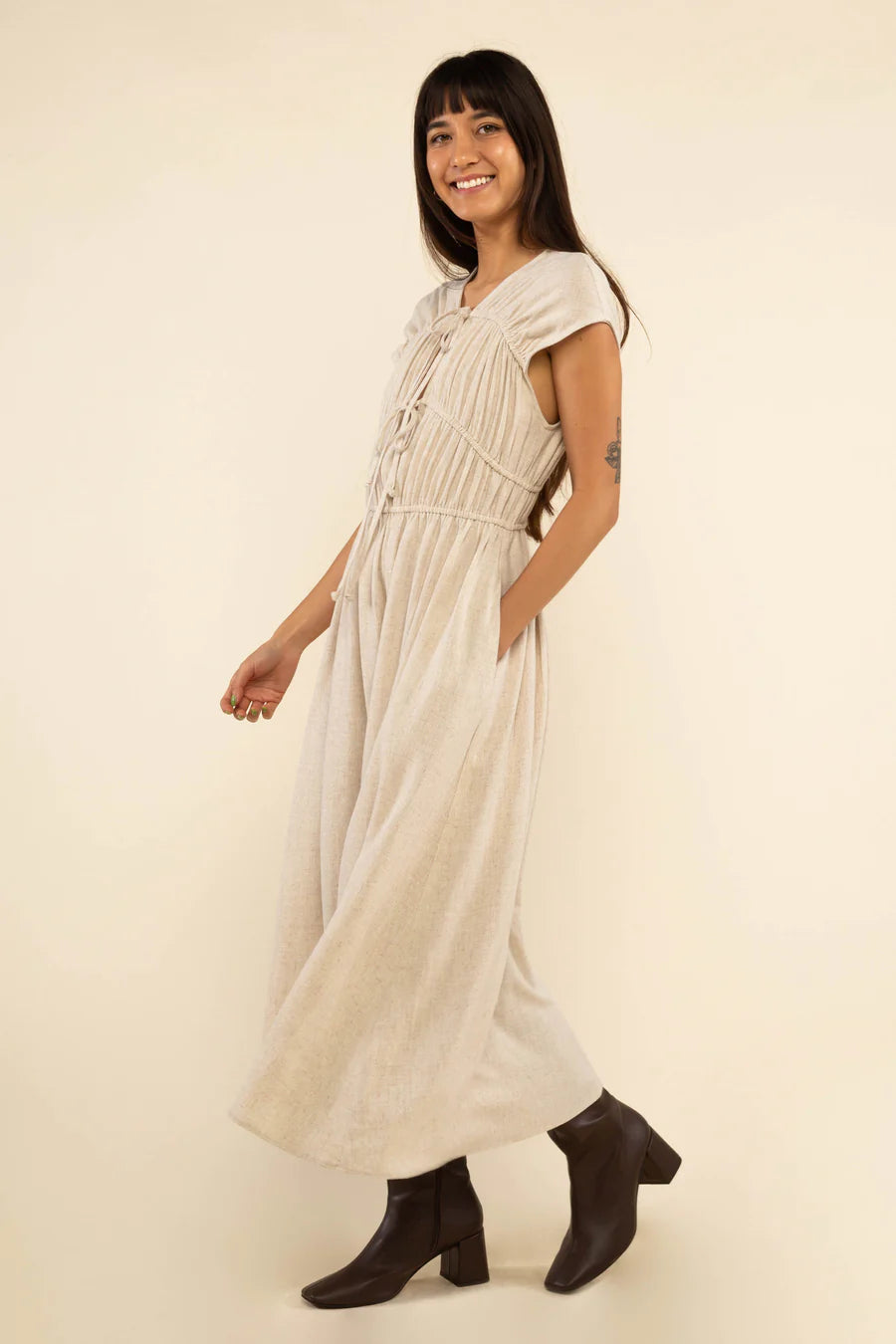 Carmela Ruched Linen Dress dress No Less Than Medium Ivory 