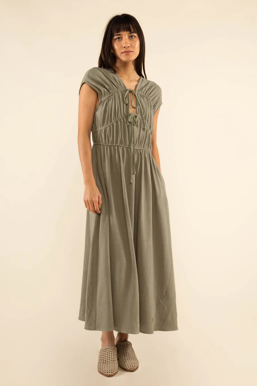 Carmela Ruched Linen Dress dress No Less Than Medium Sage 