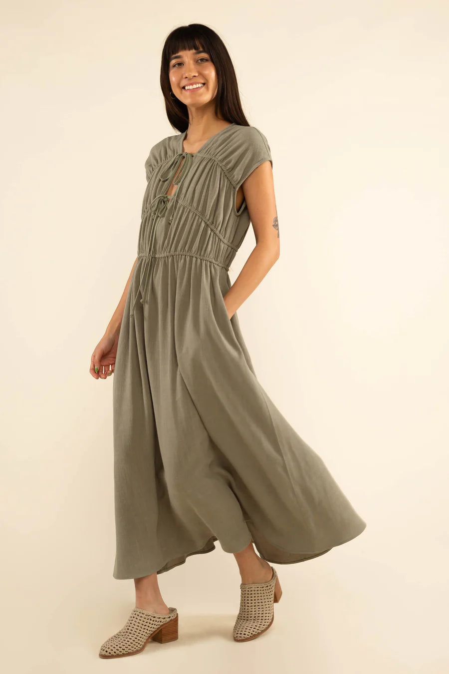 Carmela Ruched Linen Dress dress No Less Than Small Sage 