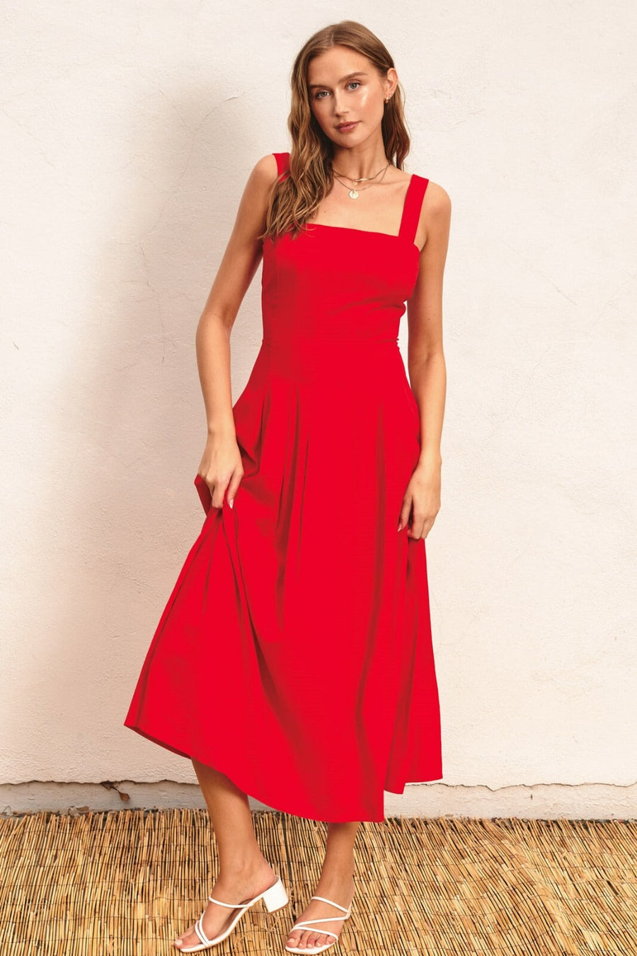 Pleated and Tucked Linen Midi In Scarlet Haley Solar 