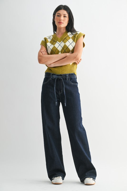 Drawstring Wide Leg in Dark Denim