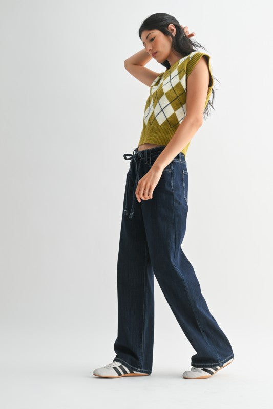 Drawstring Wide Leg in Dark Denim
