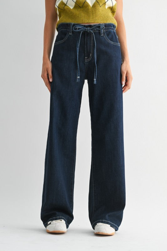 Drawstring Wide Leg in Dark Denim