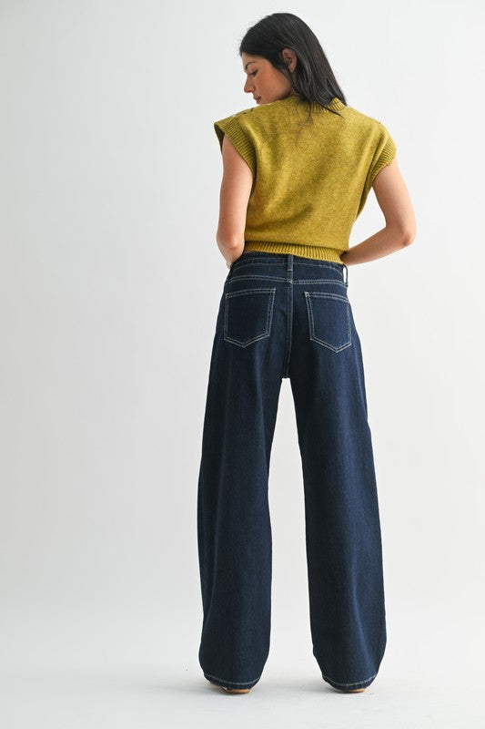 Drawstring Wide Leg in Dark Denim