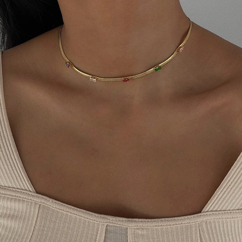 Herringbone Chain Gem Drop Choker Hereafter Multi CZ 