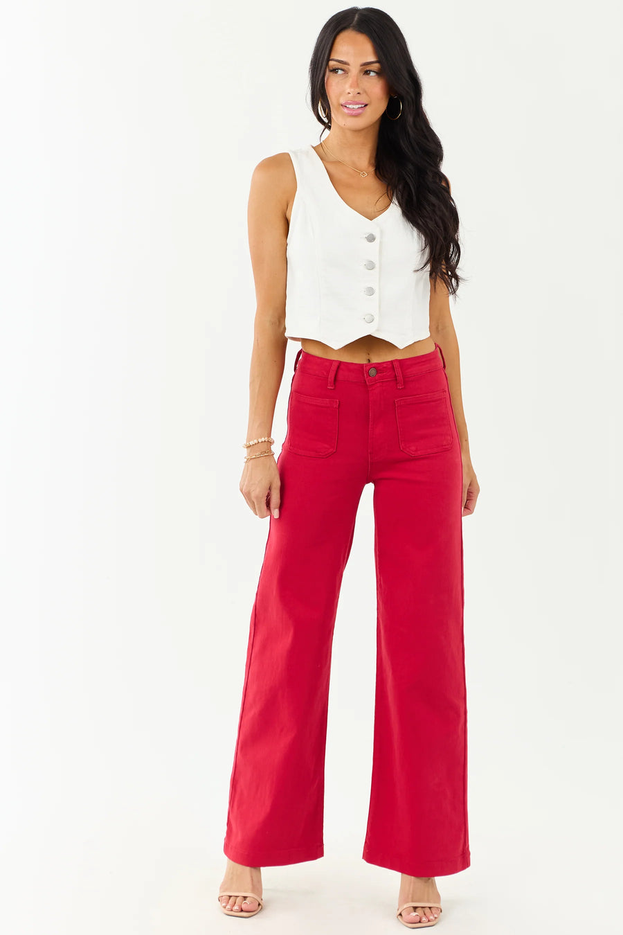 Red Mini Patch Pocket Wide Leg Denim