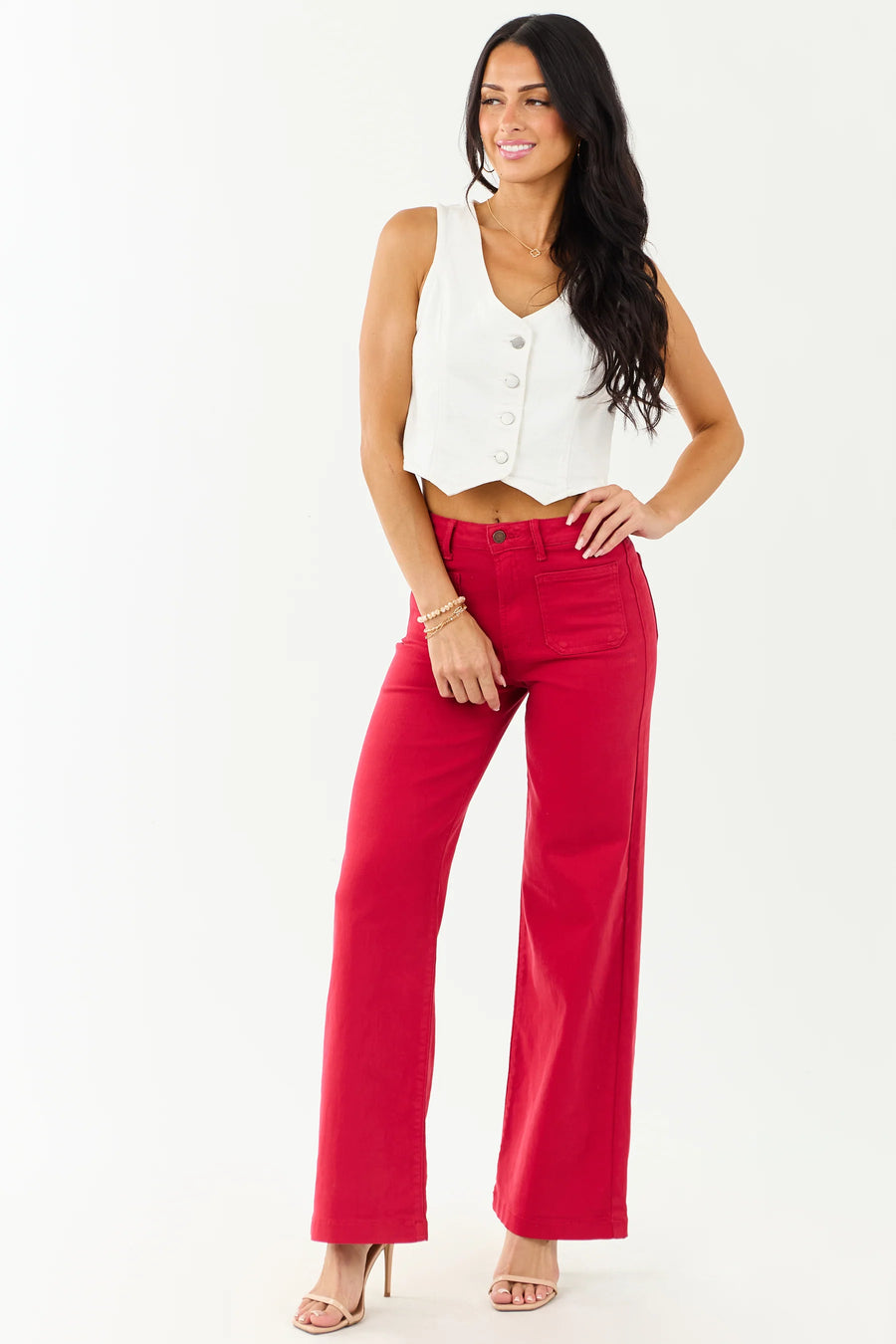Red Mini Patch Pocket Wide Leg Denim