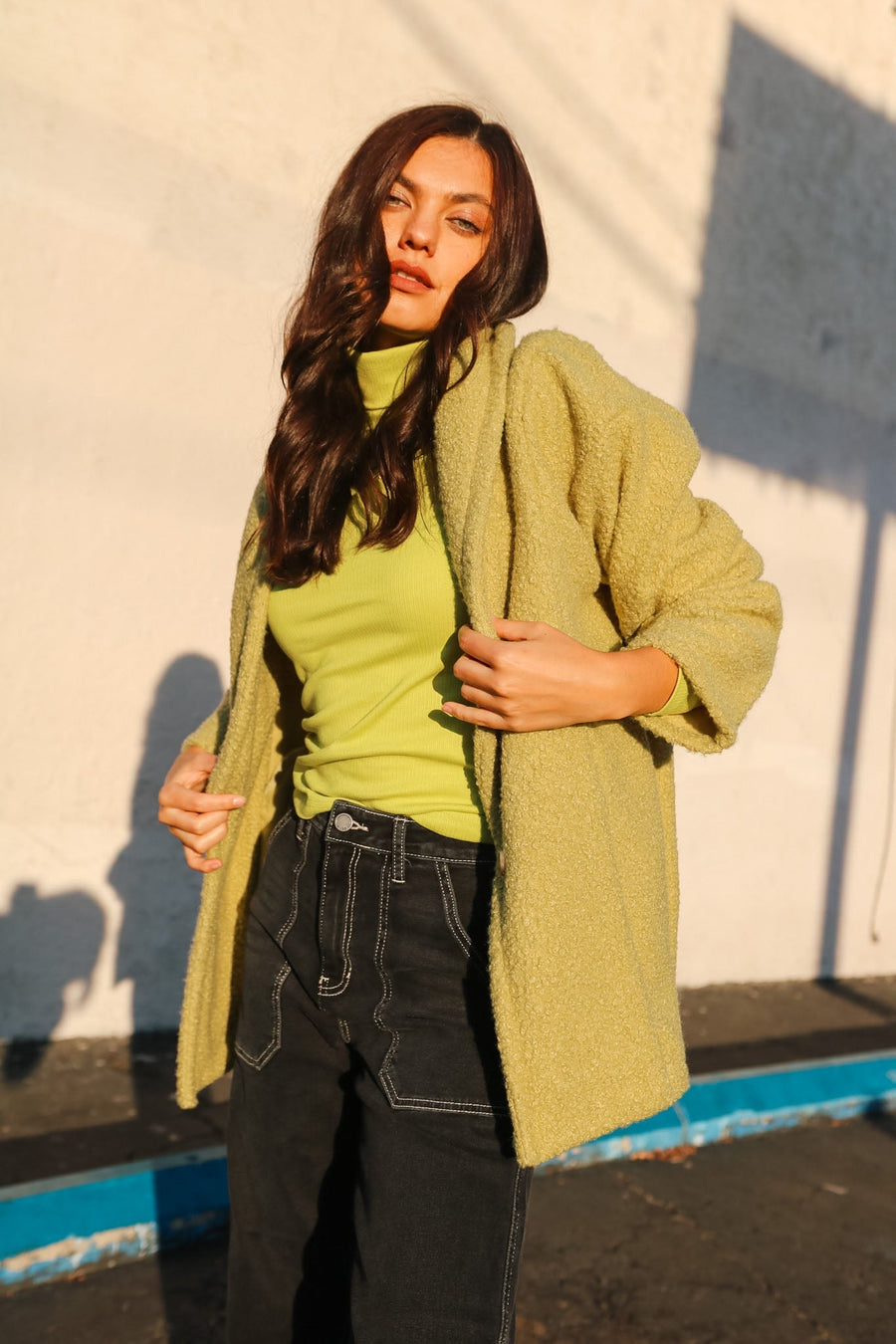 Sherpa Shawl Collar Coat In Avocado pant No Less Than 