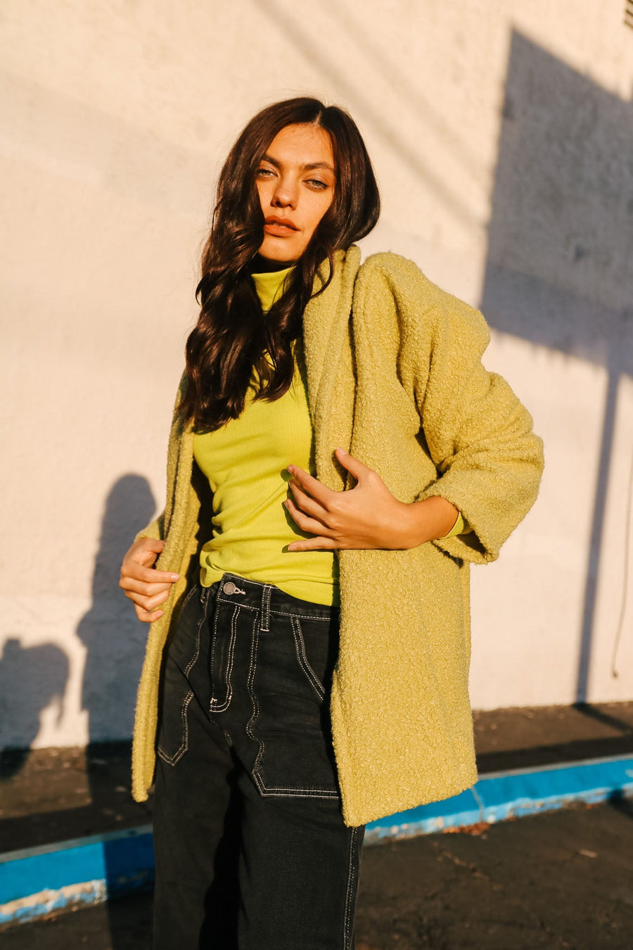 Sherpa Shawl Collar Coat In Avocado pant No Less Than 