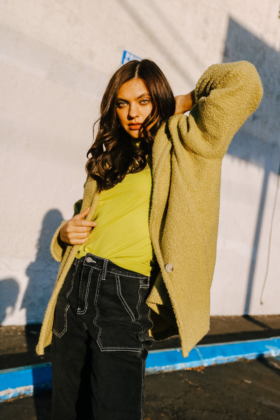 Sherpa Shawl Collar Coat In Avocado pant No Less Than 