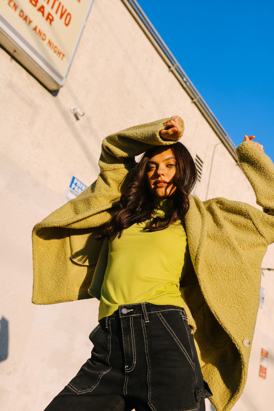 Sherpa Shawl Collar Coat In Avocado pant No Less Than 