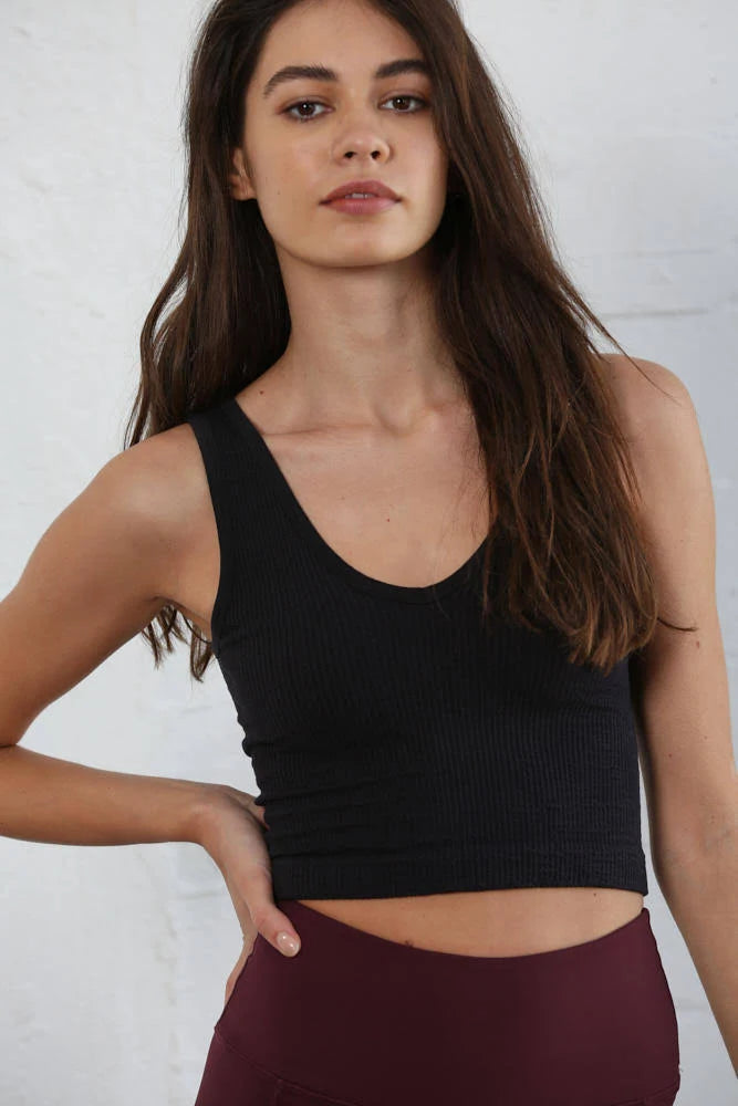 Reversible Fine Line Seamless Crop Top By Together Black S/M 